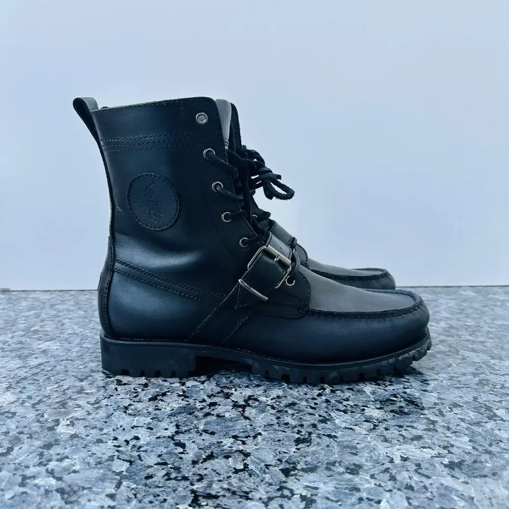 POLO RALPH LAUREN Black RANGER Tumbled Leather Lug Sole Lace Up Boot 10 D